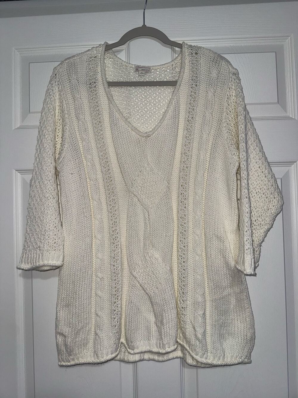 GAP Designed Crafted Sweater XL Ivory Cable Knit Open Crochet 3/4 Sleeve 2013